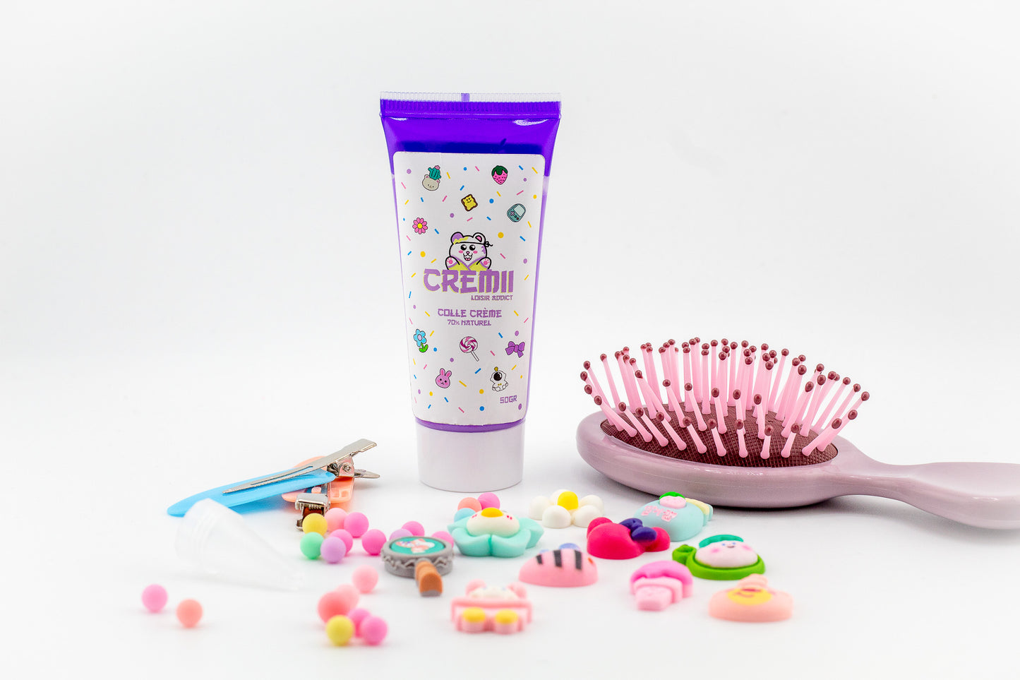 Kit DIY coiffure parfum raisin – brosse et barrettes à customiser avec crème violette et charms mignons