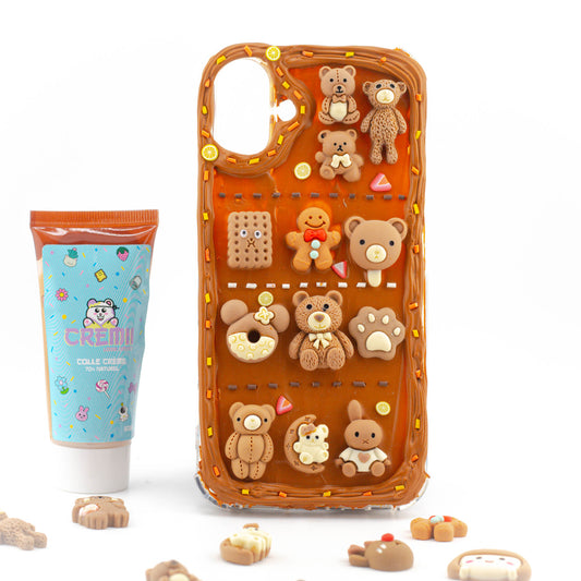 Coque personnalisée DIY chocolat – kit de décoration kawaii avec crème marron, oursons et biscuits, parfum gourmand
